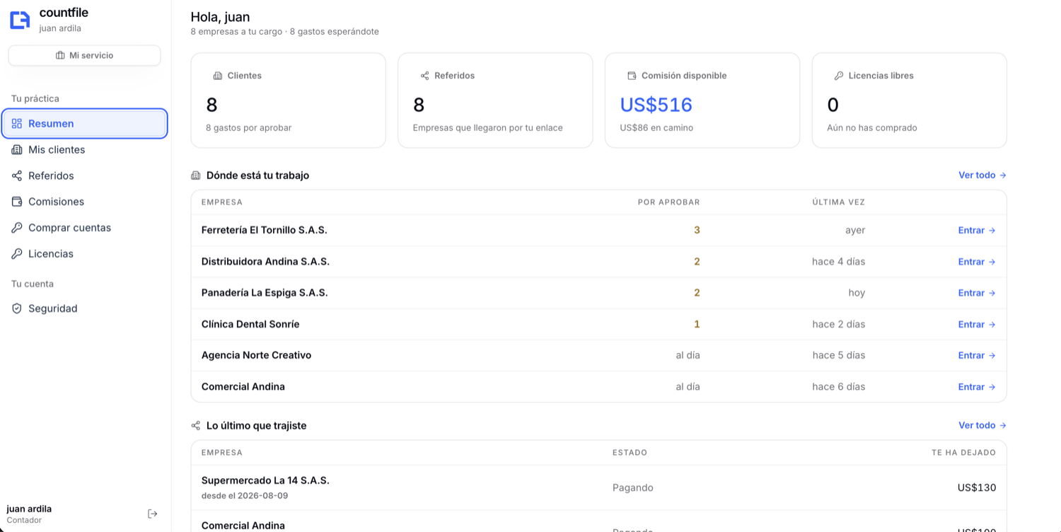 Resumen del portal del contador: empresas a cargo, comisión disponible y dónde está tu trabajo